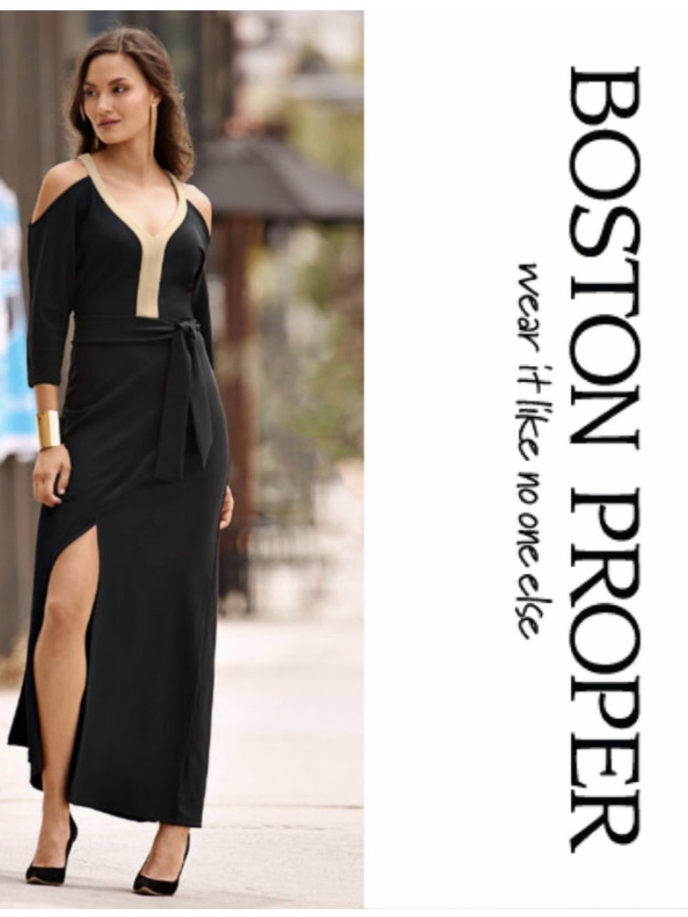 Boston Proper Black Maxi with Tan V-Neck Trim Open Shoulder TRAVEL Dress